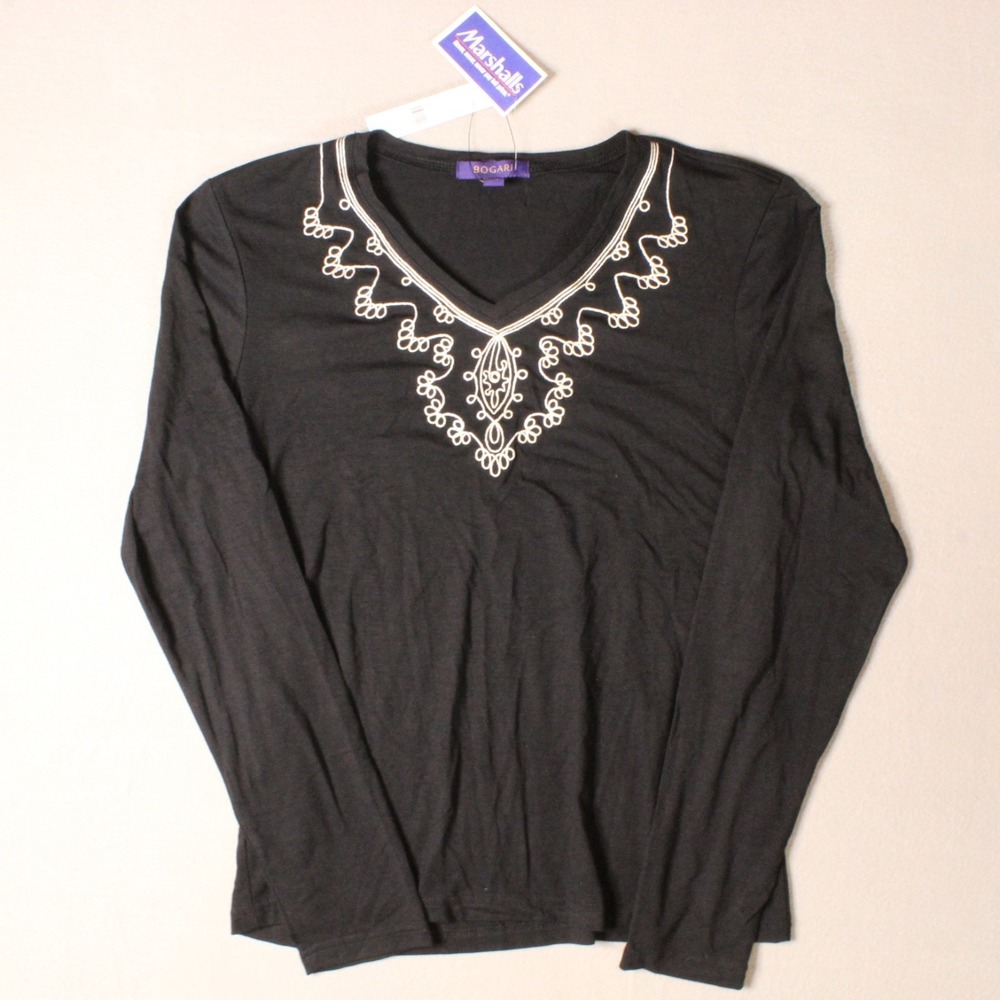Bogari Women Large Black Silk Blend Embroidered Long Sleeve Pullover Blouse NWT